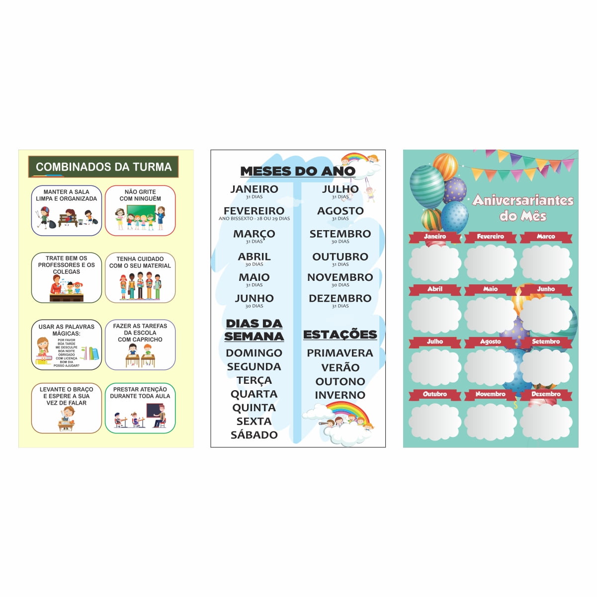 Kit de Banners Escolares - meses, estações e dias da semana + aniversariantes do mês + combinados da turma