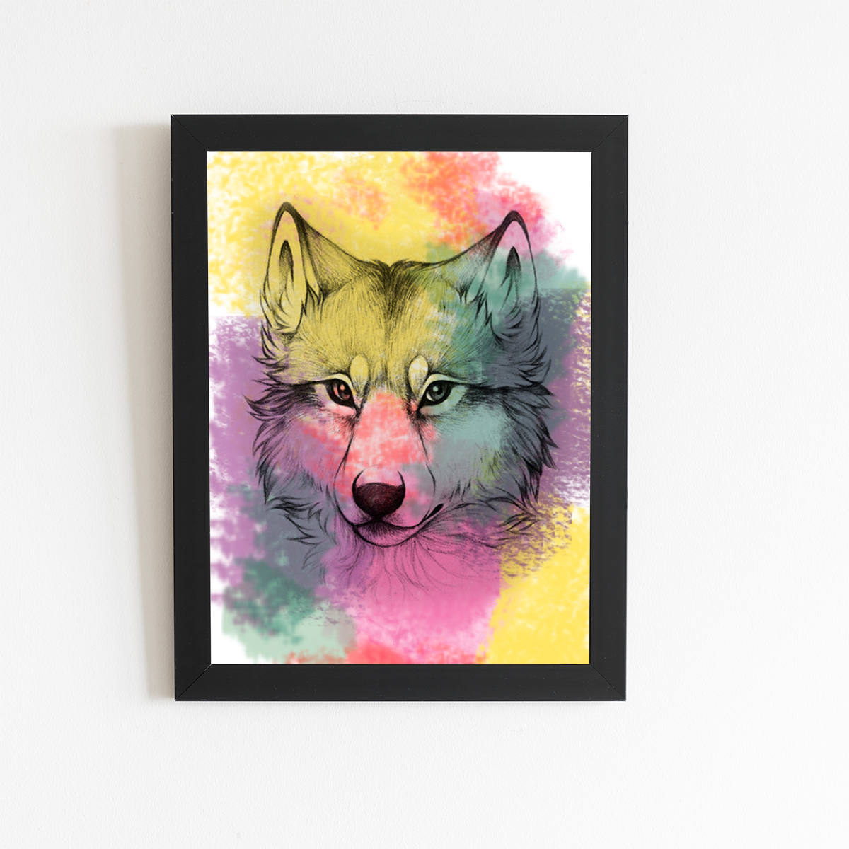 Lobo Aquarela Arte Animais Quadro Moldura Preta 60x40cm