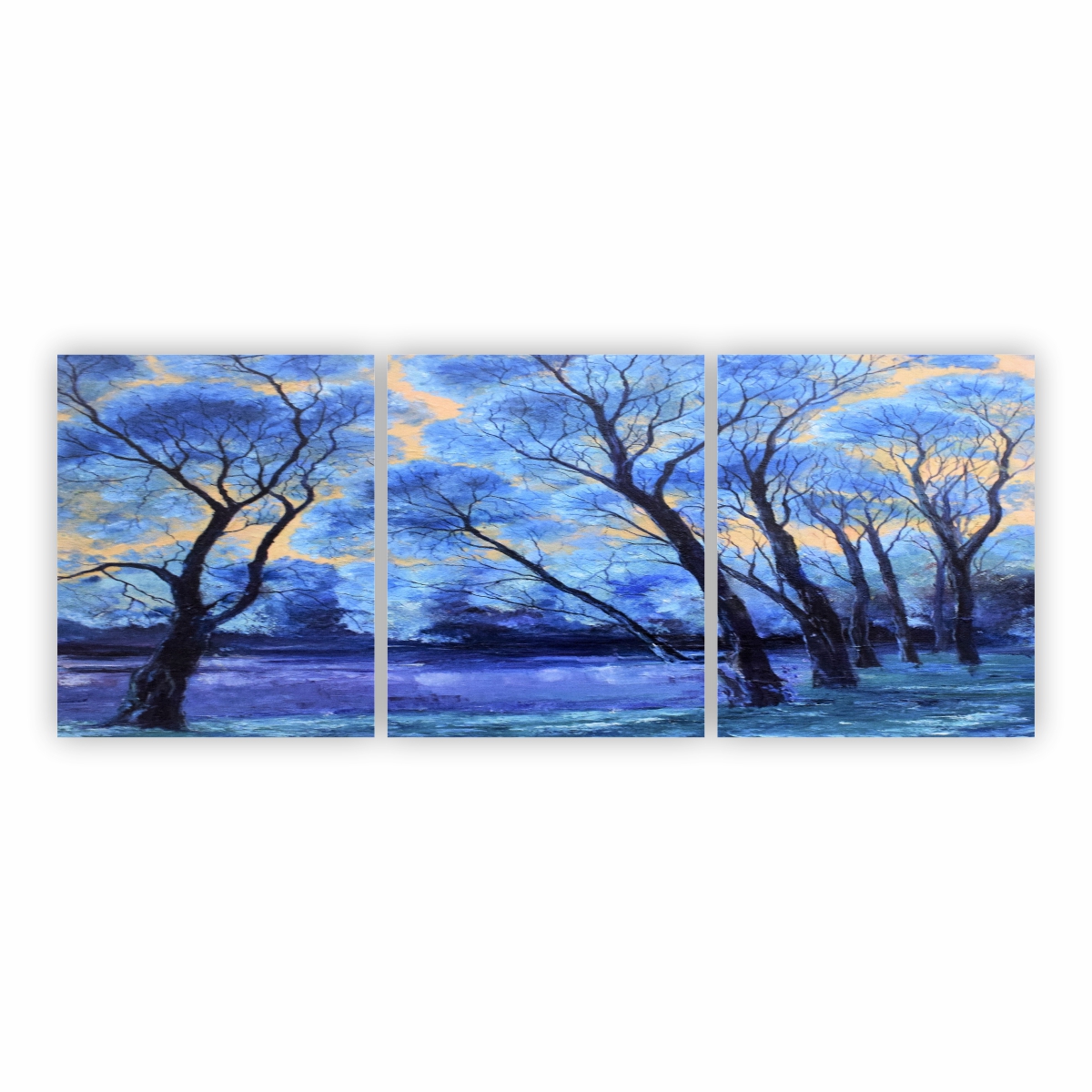 Quadro Abstrato Manchas Árvores Azuis em Canvas 180x70cm