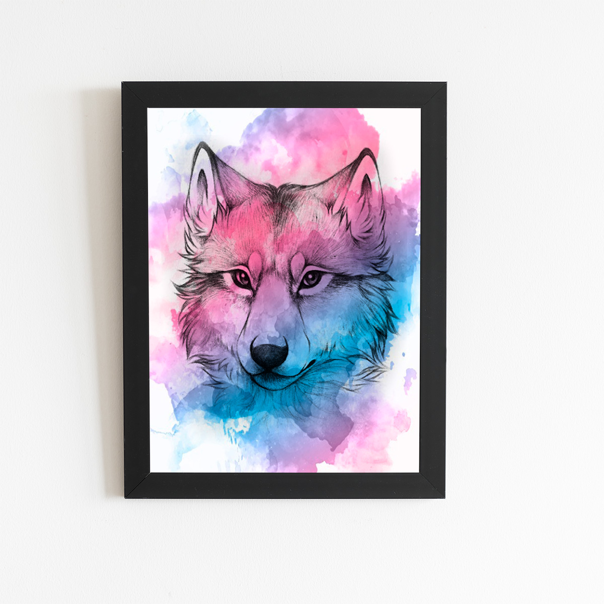 Lobo Animais Aquarela Arte Quadro Moldura Preta 60x40cm