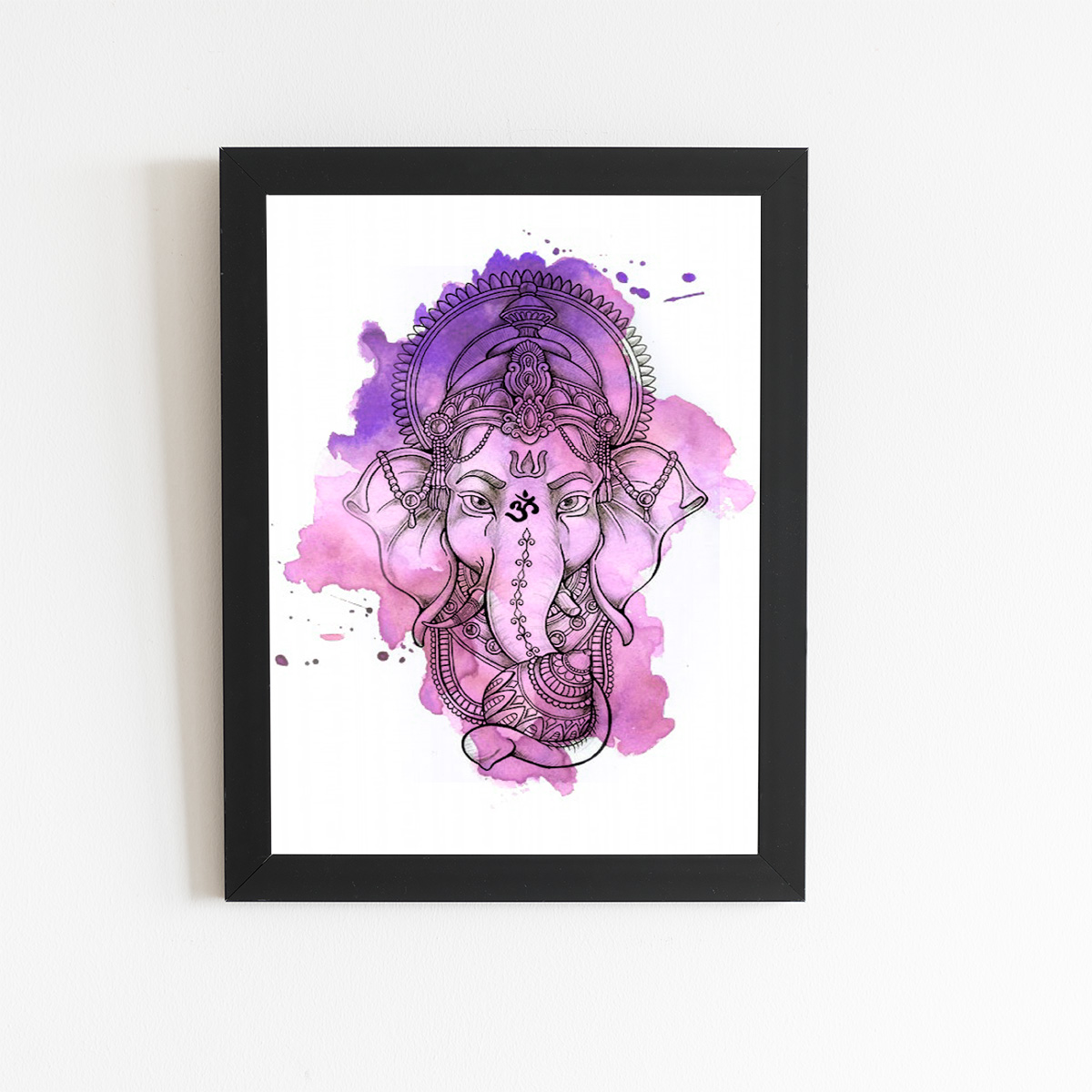 Ganesha Deus Hindu Aquarela Quadro Moldura Preta 60x40cm