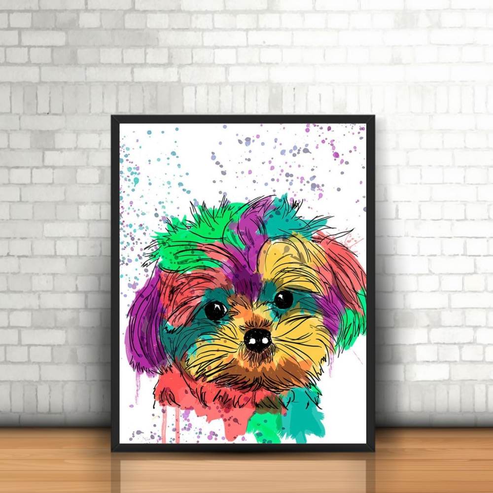 Quadro Animais Coloridos Cachorro Shitzu Moldura 30x40cm