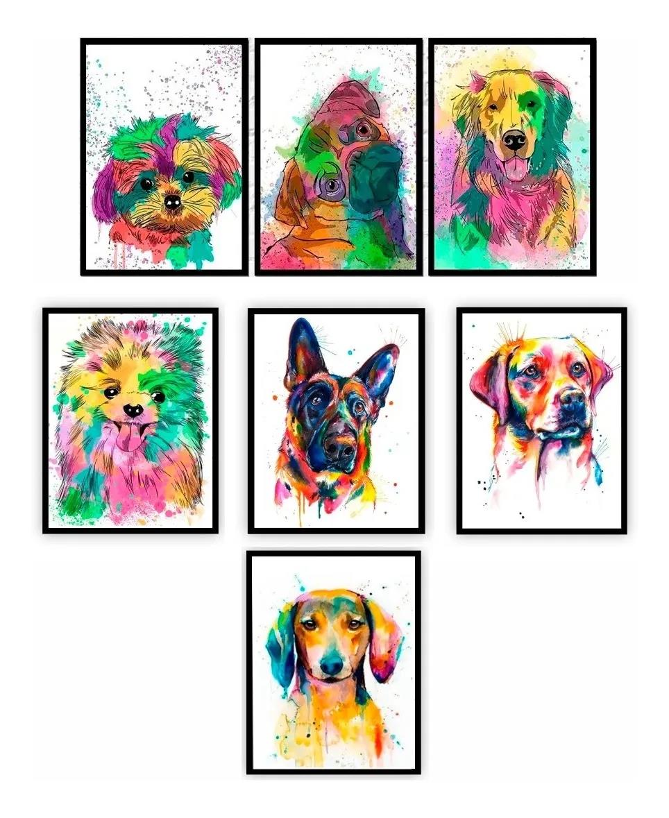 Quadros Cachorro Dog Coloridos Aquarela Decoração Kit 7