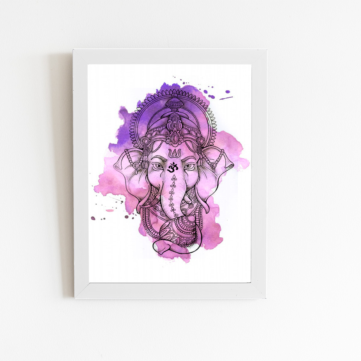 Ganesha Deus Hindu Aquarela Quadro Moldura Branca 60x40cm