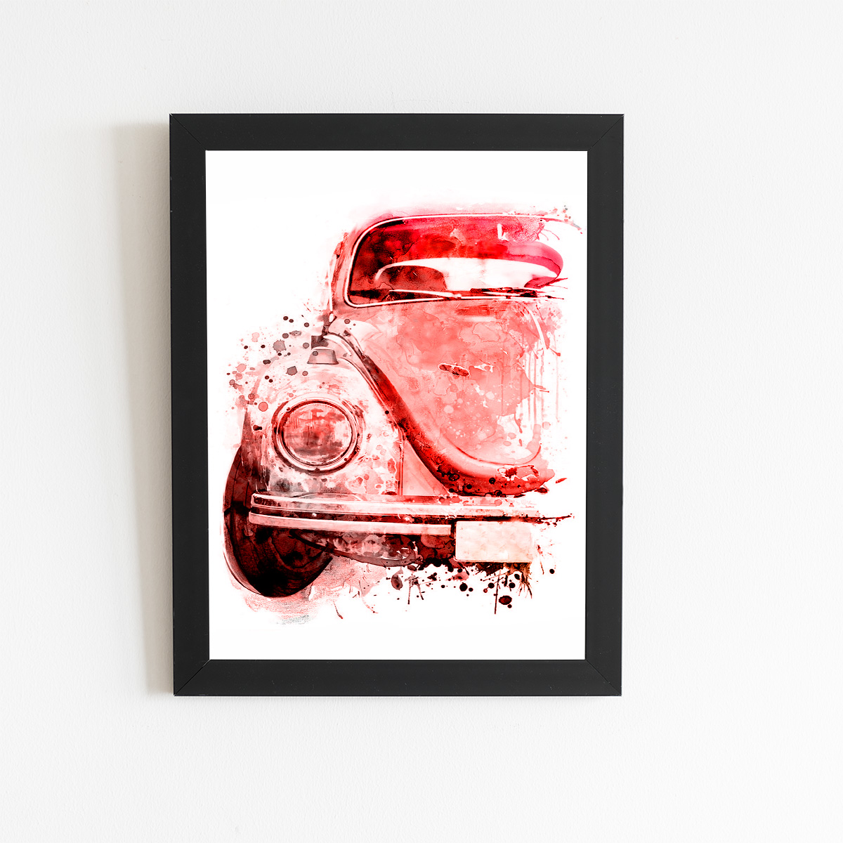 Fusca Aquarela Vermelho Carro Quadro Moldura Preta 60x40cm