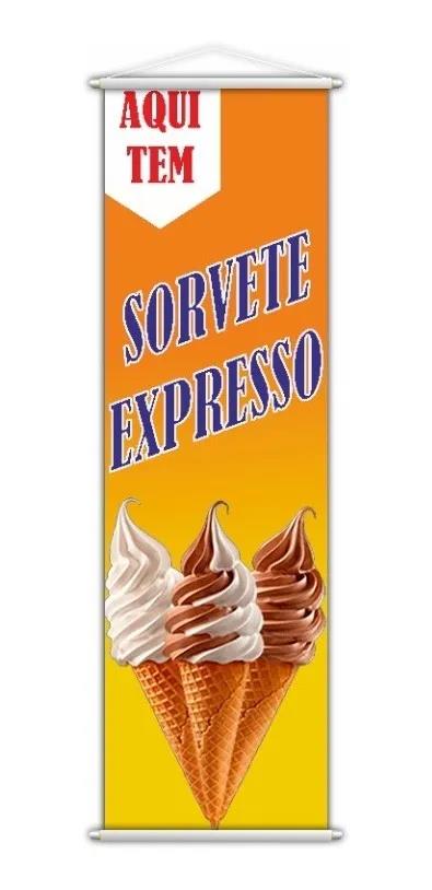 Banner Aqui Tem Sorvete Expresso Sorveteria Casquinha 100x30cm