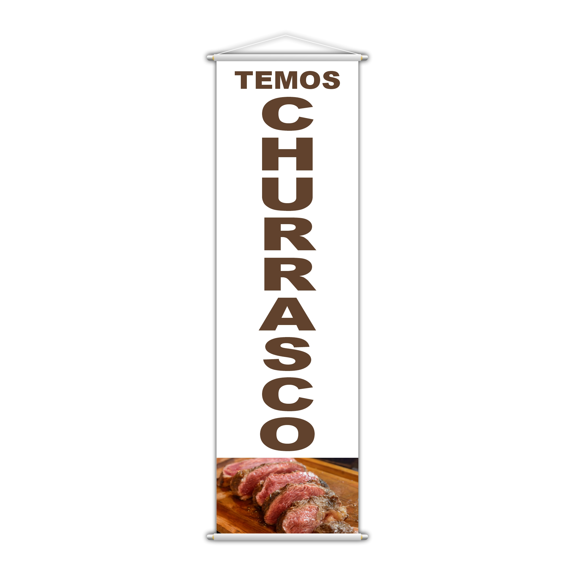 Banner Temos Churrasco Carne Serviço Lona Branco 100x30cm