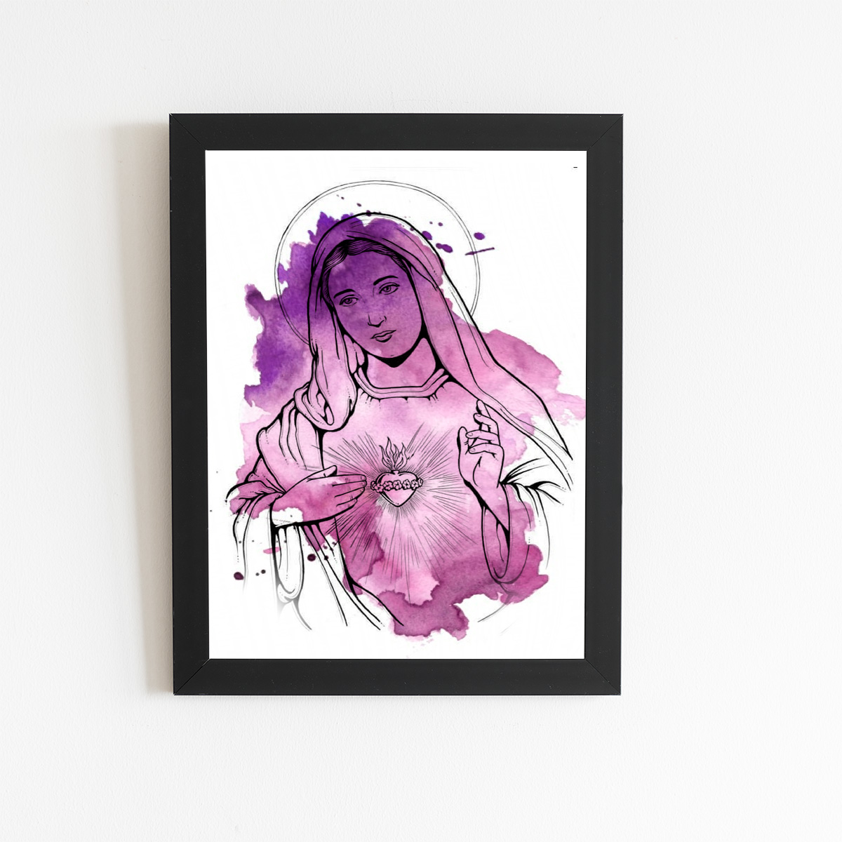 Nossa Senhora Aquarela Roxo Quadro Moldura Preta 60x40cm