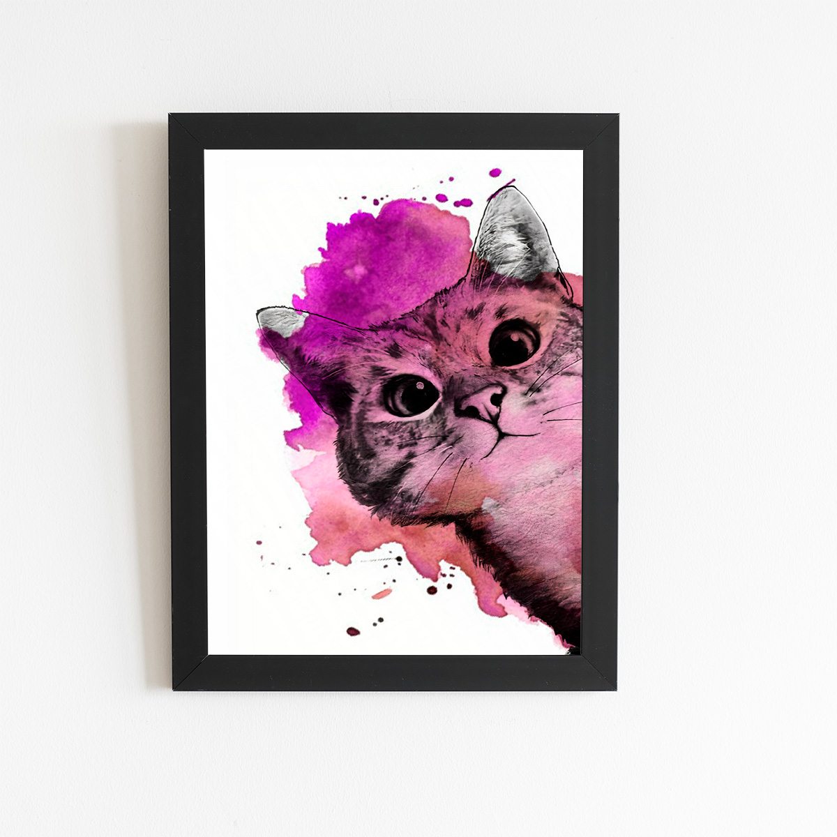 Gato Pet Animais Aquarela Rosa Quadro Moldura Preta 60x40cm