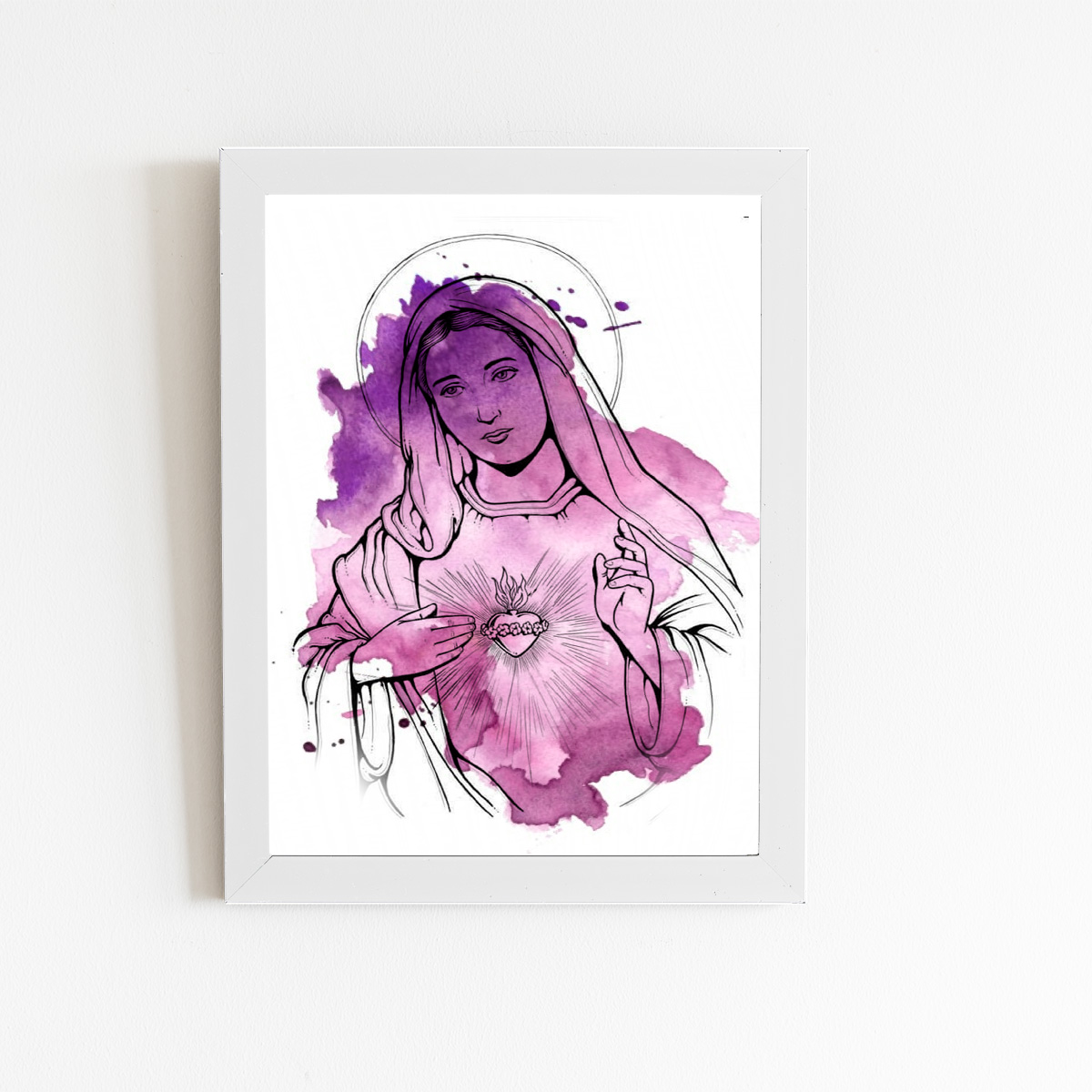 Nossa Senhora Aquarela Roxo Quadro Moldura Branca 60x40cm