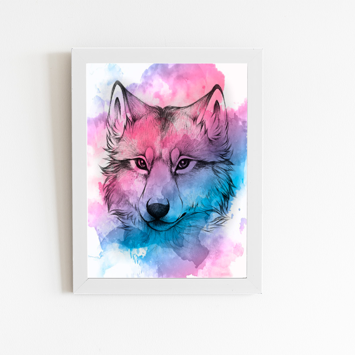 Lobo Animais Aquarela Arte Quadro Moldura Branca 60x40cm