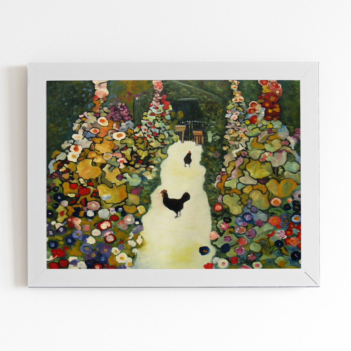 Jardim Galinhas Gustav Klimt Quadro Moldura Branca 60x40cm