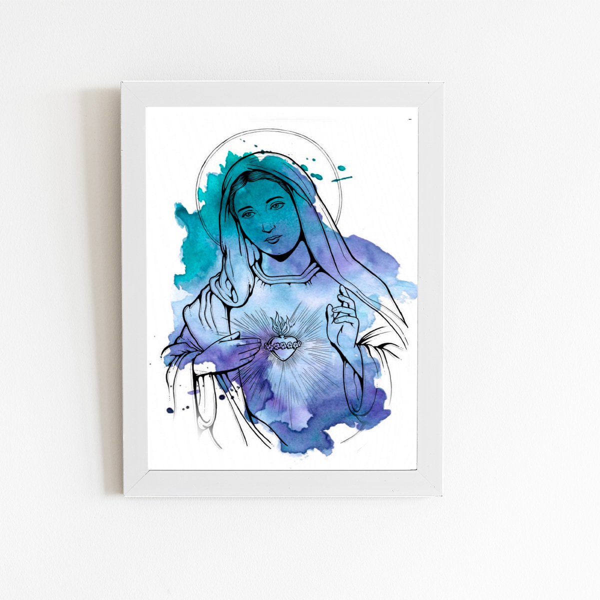 Nossa Senhora Aquarela Azul Quadro Moldura Branca 60x40cm