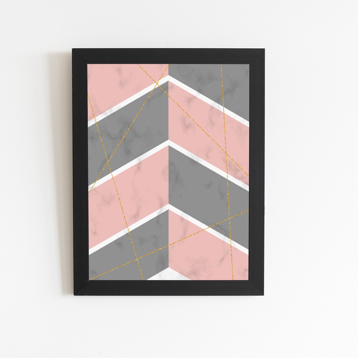 Geométrico Rosa Cinza e Branco Quadro Moldura Preta 60x40cm