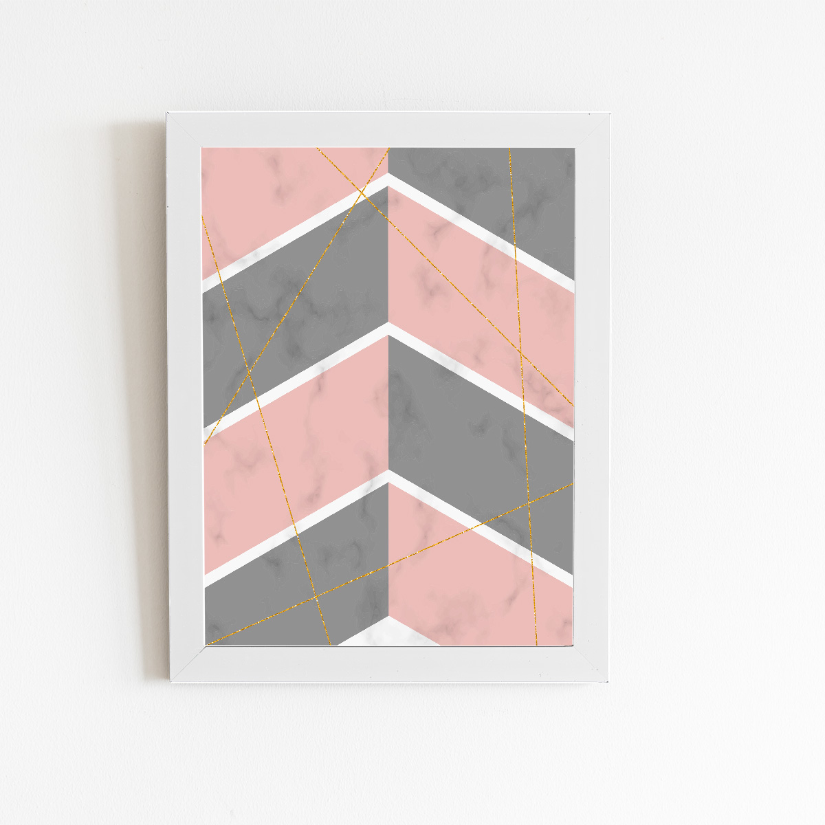 Geométrico Rosa Cinza e Branco Quadro Moldura Branca 60x40cm