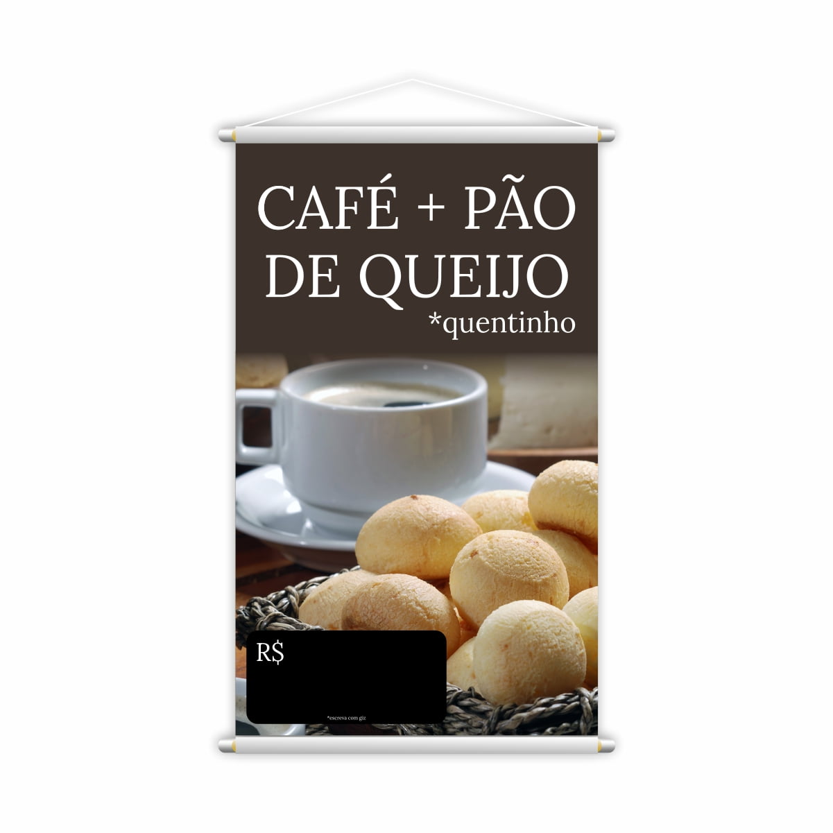 Banner Café e Pão de Queijo Quentinho com Preço Preto