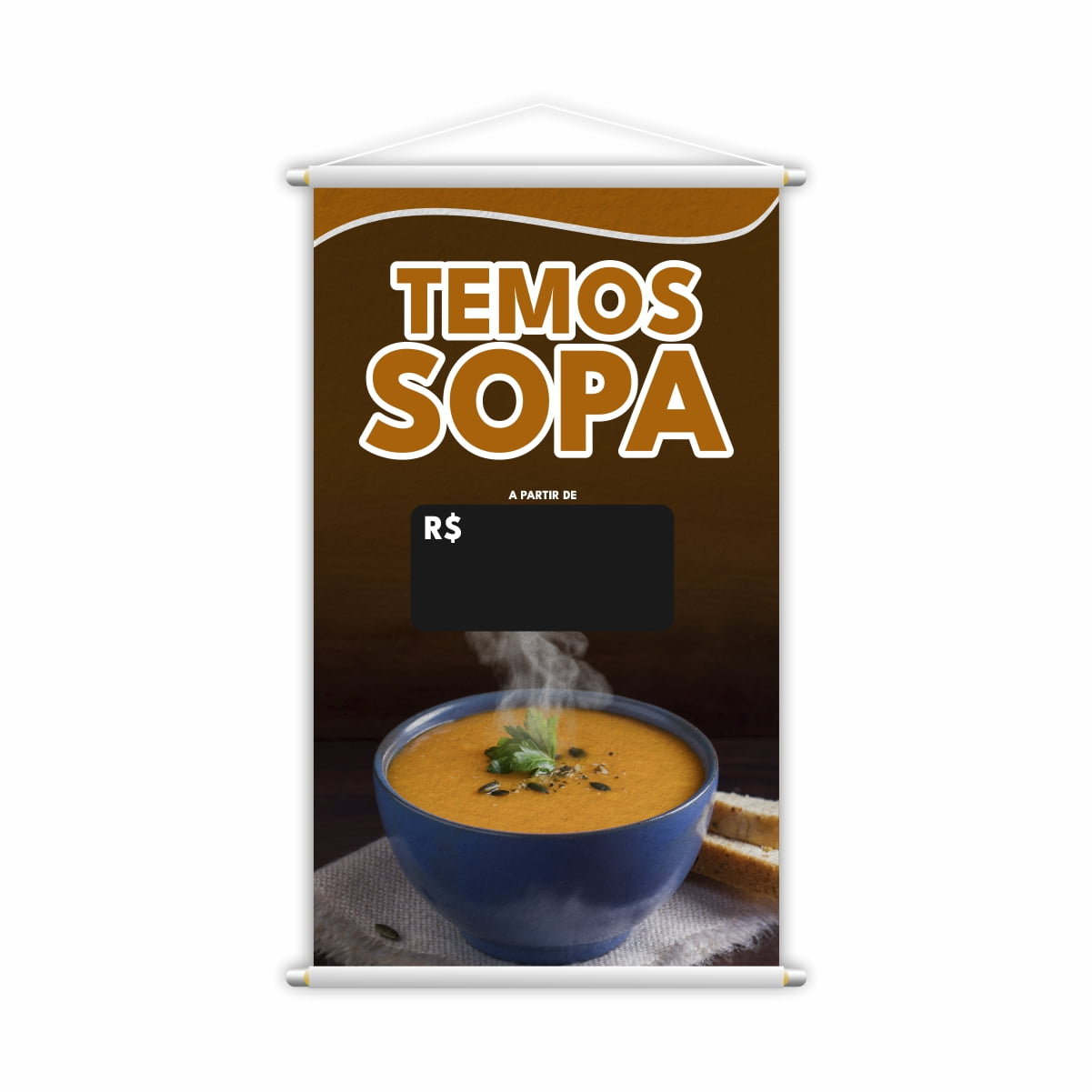 Banner Temos Sopa Restaurante com Preço Preto Lona