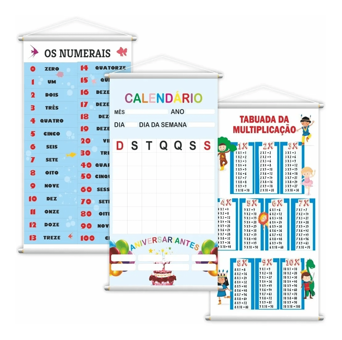 Kit 3 Banners Numerais 100 + Calendário + Tabuada