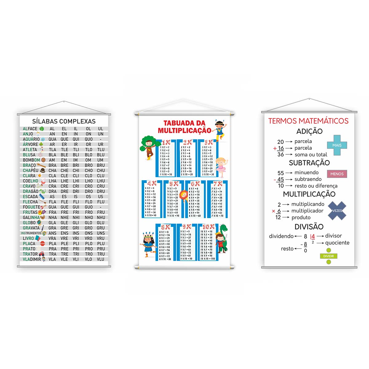 Kit 3 Banners Termos Matemáticos, Silabário Complexo e Tabuada