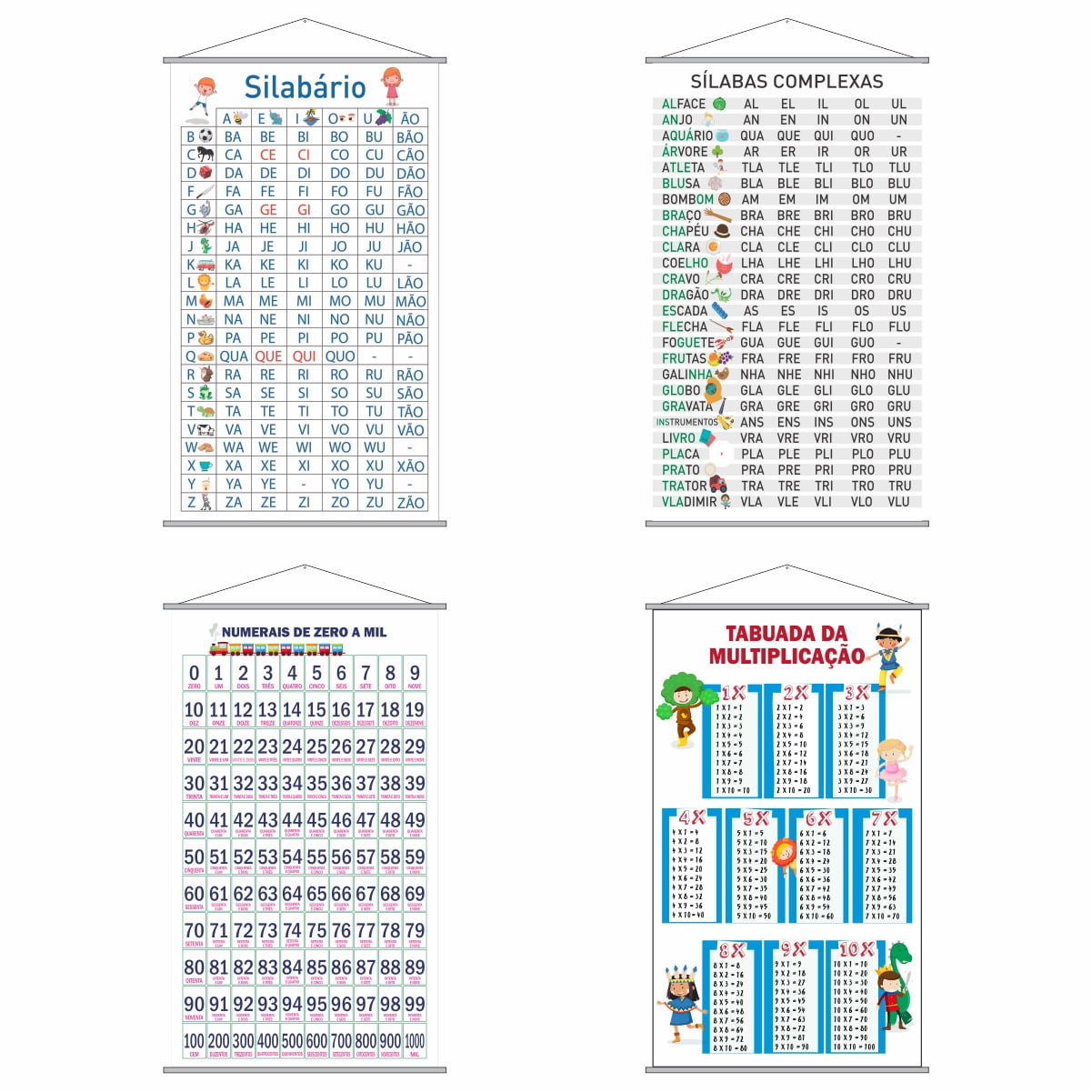 Kit de Banners Silabário Simples + Complexo + Numerais 1000 + Tabuada Multiplicação