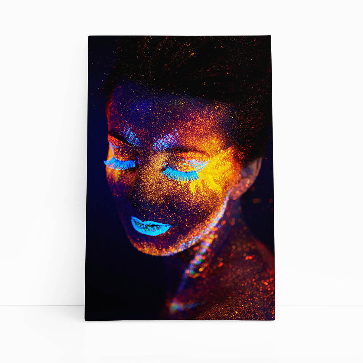 Mulher Maquiagem Neon Laranja e Azul Quadro Canvas
