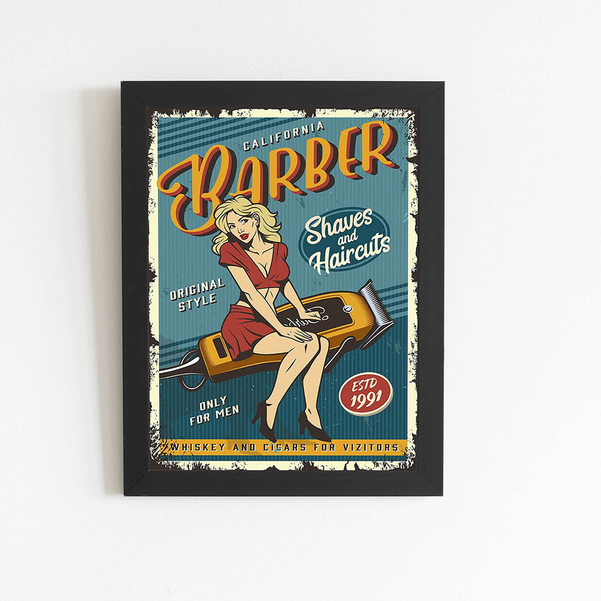 Quadro Barbearia Barber Mulher Retro Moldura Preta 60x40cm