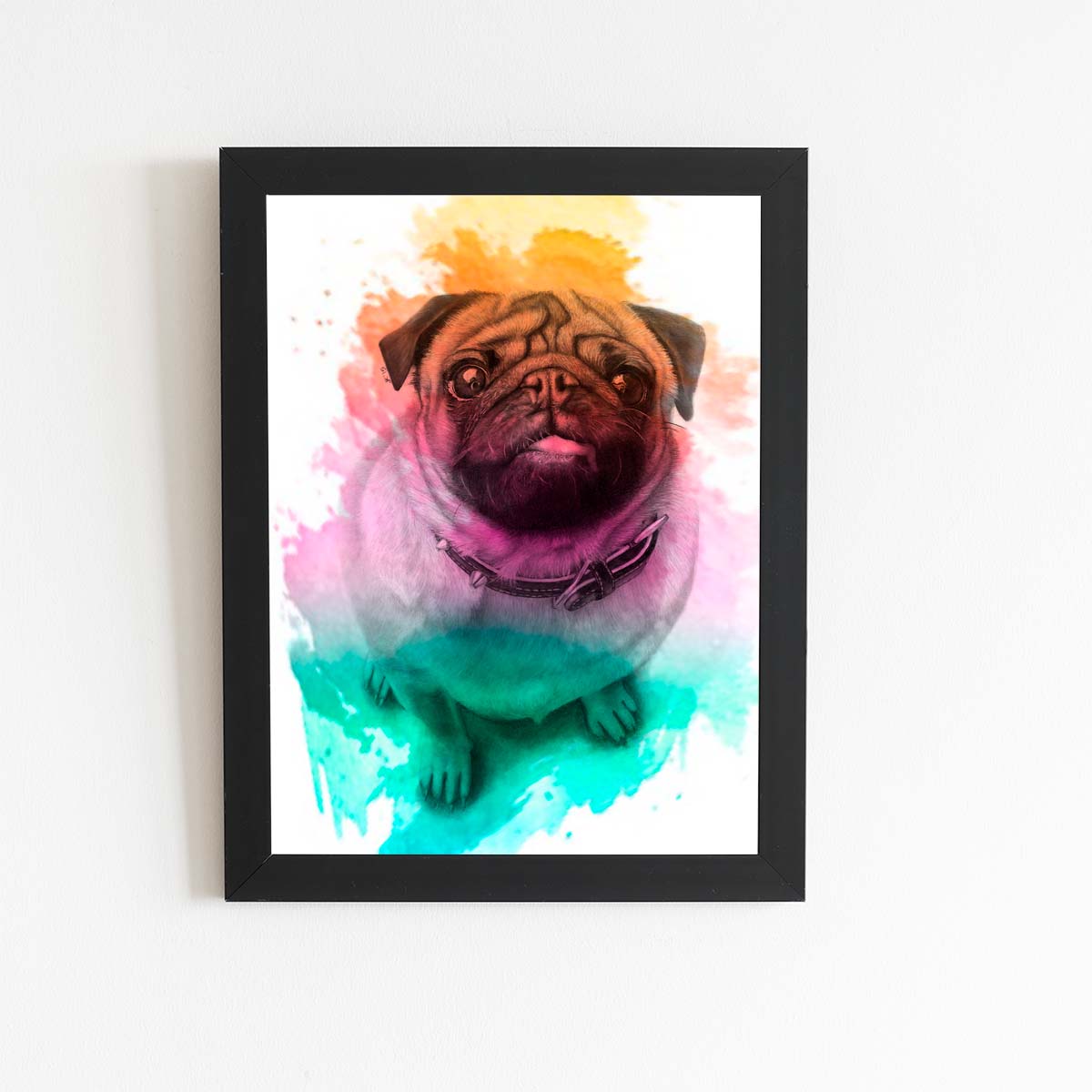 Quadro Pug Cachorro Cão Tinta Aquarela Moldura