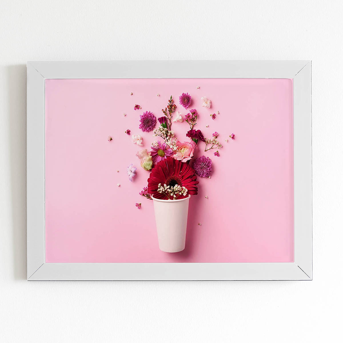 Quadro Vaso Flores Rosa Minimalista Moldura Branca 60x40cm 
