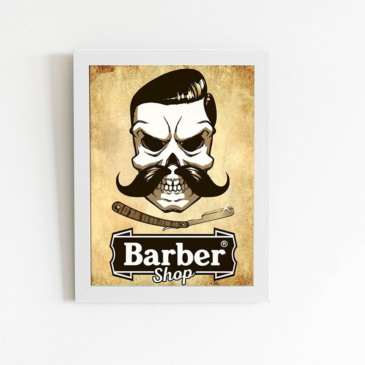 Quadro Caveira Barbearia Barber Shop Moldura Branca 60x40cm