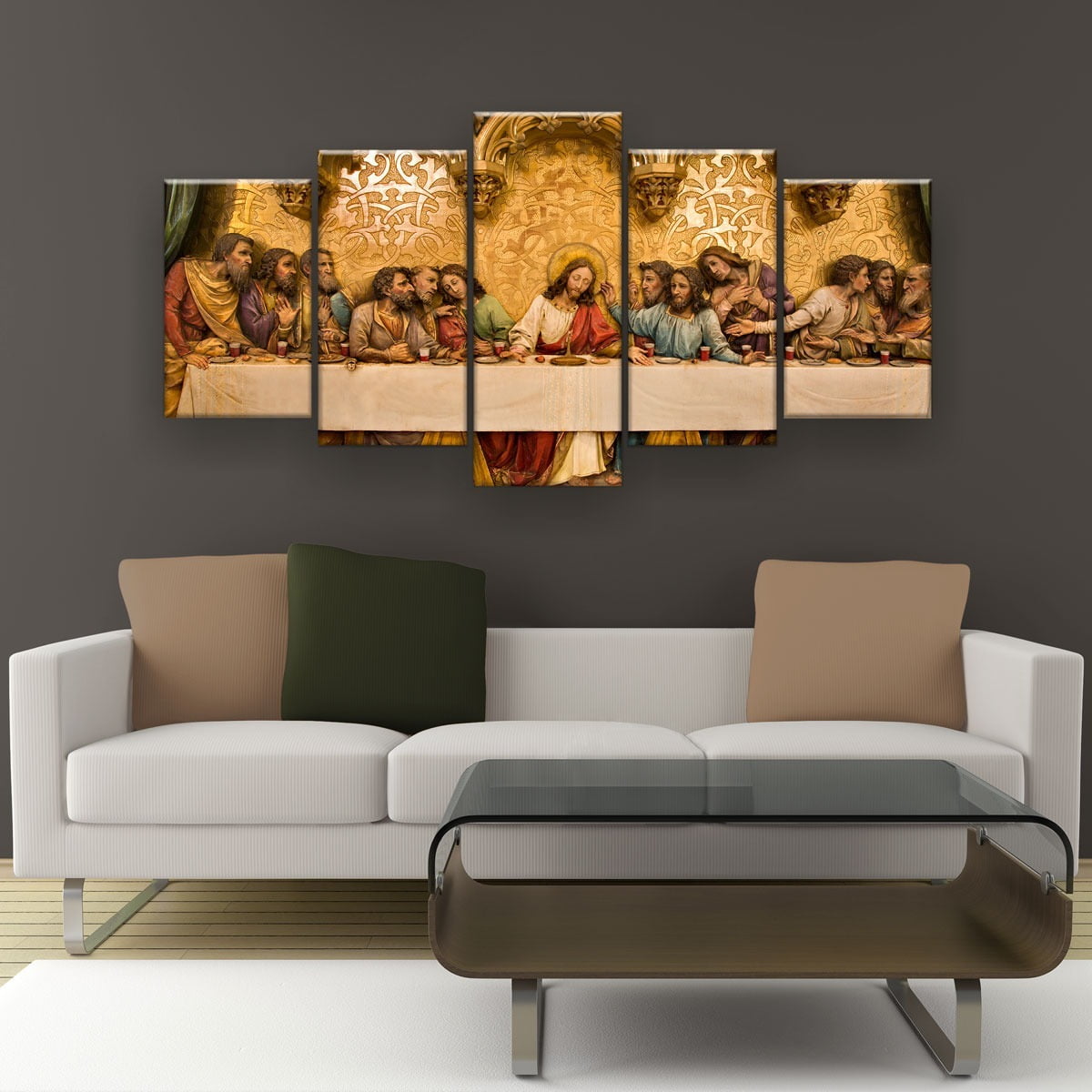 Quadro Decorativo Santa Ceia Dourada Religioso em MDF