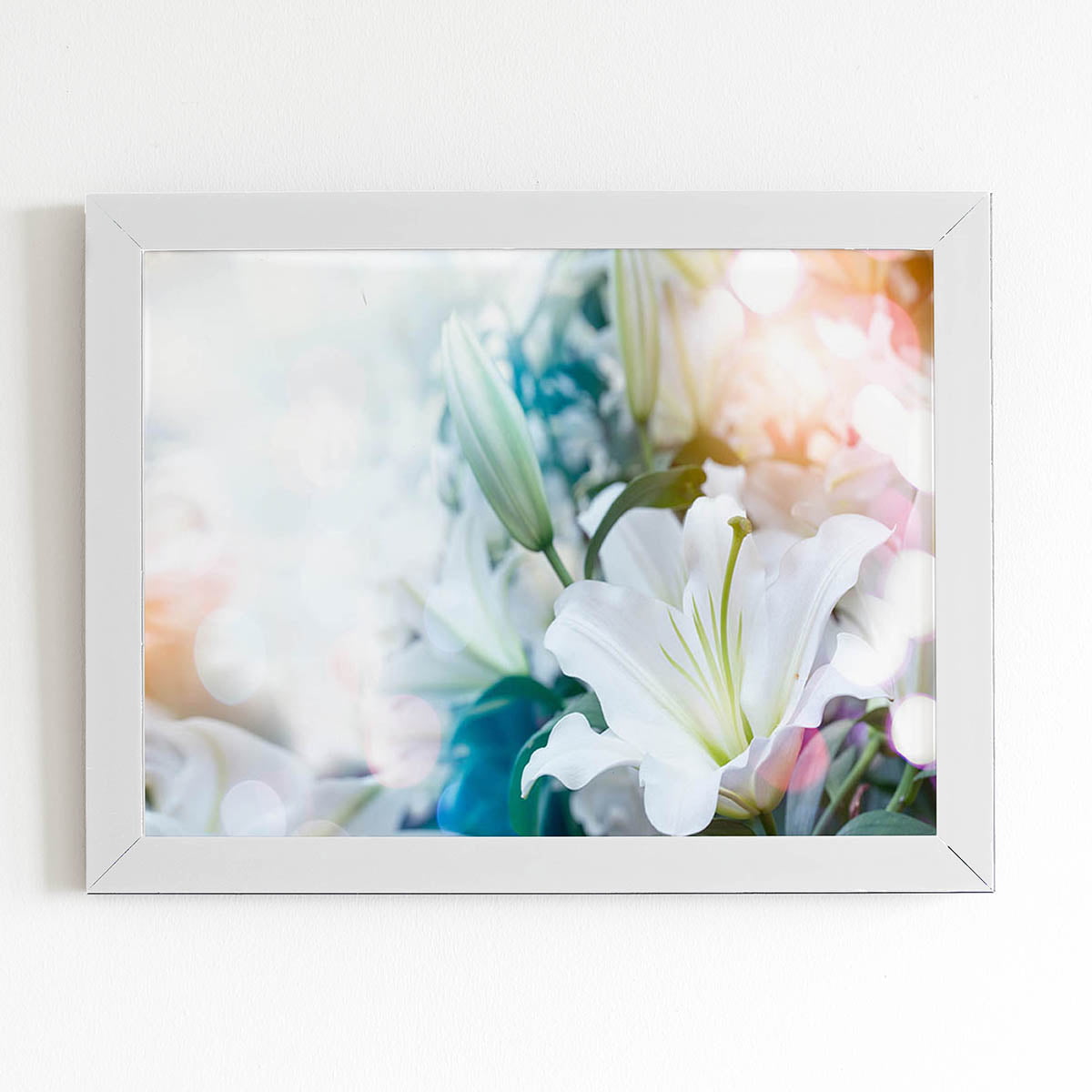 Quadro Lírio Páscoa Flores Colorido Moldura Branca 60x40cm