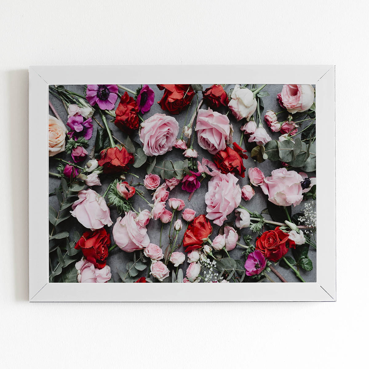 Quadro Rosas e Flores Coloridas Moldura Branca 60x40cm 