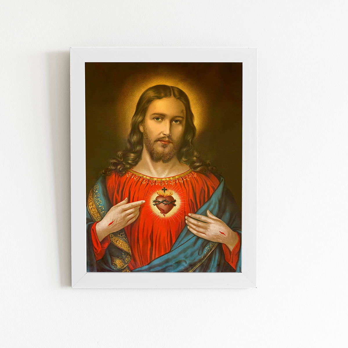 Quadro Sagrado Coração de Jesus Moldura Branca 60x40cm