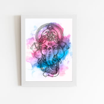 Ganesha Hindu Aquarela Arte Quadro Moldura Branca 60x40cm