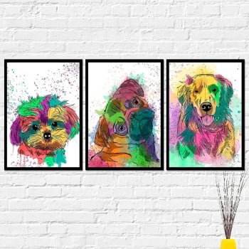 Quadros Cachorro Dog Colorido Kit 3 Decorativos 40x60