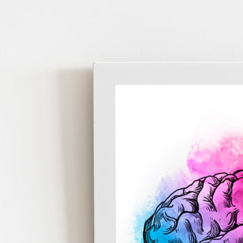 Cérebro Colorido Azul e Rosa Quadro Moldura Branca 60x40cm