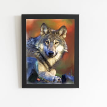 Lobo Animais Fotografia Arte Quadro Moldura Preta 60x40cm