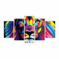 Quadro Decorativo Animal Leão Colorido Moderno 130x65cm