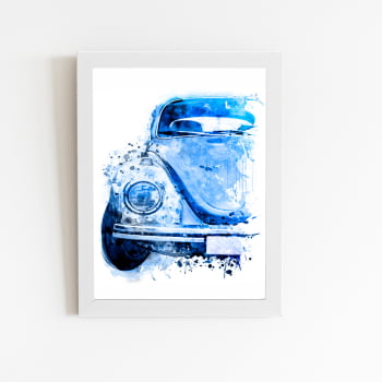 Fusca Arte Aquarela Azul Carro Quadro Moldura Branca 60x40cm