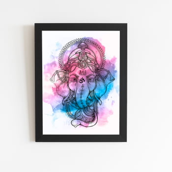 Ganesha Hindu Aquarela Arte Quadro Moldura Preta 60x40cm