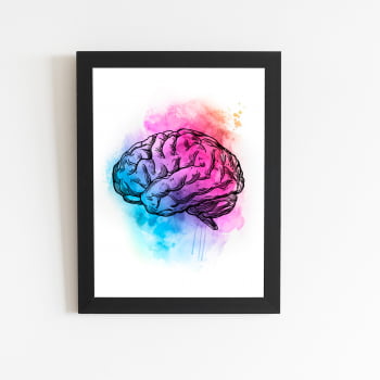 Cérebro Colorido Azul e Rosa Quadro Moldura Preta 60x40cm