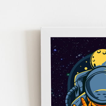 Astronauta Azul Desenho Lua Quadro Moldura Branca 60x40cm