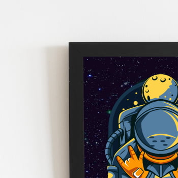 Astronauta Azul Desenho Lua Quadro Moldura Preta 60x40cm