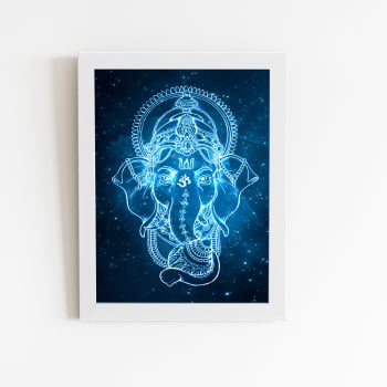 Ganesha Hindu Aquarela Arte Quadro Moldura Branca 60x40cm