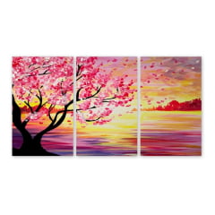 Quadro Cerejeira Pôr Do Sol Arvore Rosa Mar Flores Canvas