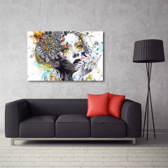 Quadro Tela Canvas Mulher e Flor Abstrato em Tecido 100x70cm