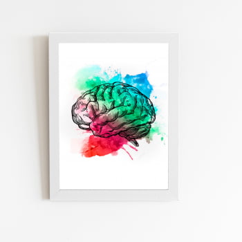 Cérebro Colorido Minimalista Quadro Moldura Branca 60x40cm