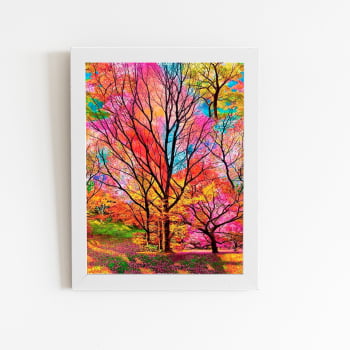 Árvores Coloridas Arte Quadro Moldura Branca 60x40cm