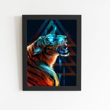 Tigre Azul Desenho Animais Quadro Moldura Preta 60x40cm