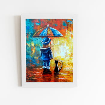 Menina Guarda Chuva Gato Quadro Moldura Branca 60x40cm